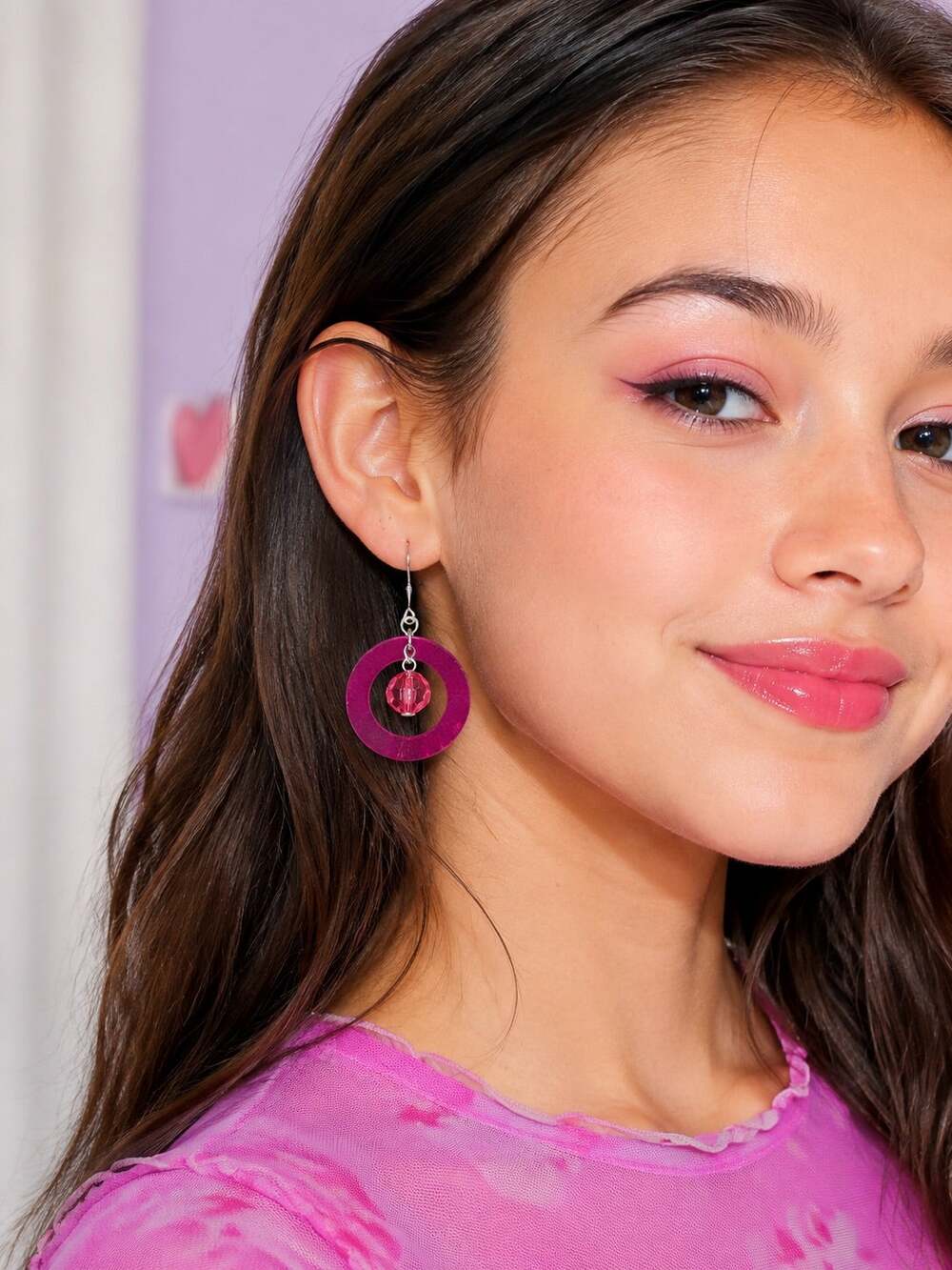 Hot Pink Iridescent Hoop Dangle Earrings Faceted Bead Silver Tone Y2K